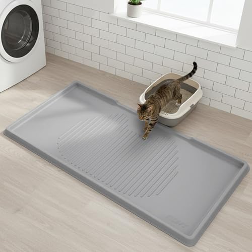 ISSEVE Cat Litter Mat 54" x 27.5" XXL, Extra Large Silicone Mat for Litter Box, 1.38" Raised Edge Urine Proof Litter Trapping Mat Pad for Scatter Control, Soft on Kitty Paws, Protect Floor (Grey) - color: Light Grey