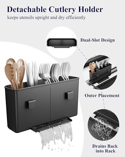 Kitsure Dish Drying Rack - Multi-Functional Dish Rack for Kitchen Counter with Cutlery Holder, Rust-Proof Storage Solution with Rotatable, 15.7" x 12.0" x 5.5", Black - color: Black