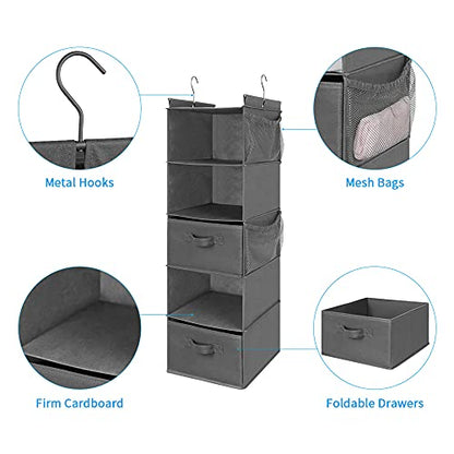 MAX Houser 5 Tier Shelf Hanging Closet Organizer, Cloth Hanging Shelf with 2 Sturdy Hooks for Storage, Foldable (Grey-D2) - color: Grey-d2