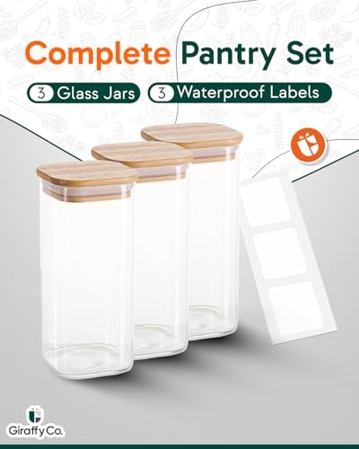GIRAFFYCO Glass Food Storage Jars with Airtight Lids – Wide Mouth Pantry Containers, Thick BPA-Free Glass, Moisture & Insect Resistant, Customizable Labels Included – 80 oz (Set of 3) - size: Set of 3 - 80 oz