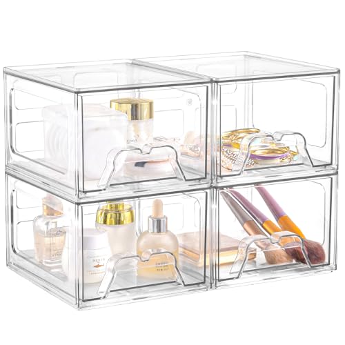 4Pack Acrylic Storage Drawers, Clear Stackable Storage Drawers, Acrylic Storage Bins with Drawers for Fridge Organizers, PlasticDrawers Stackable for Makeup Organizers Cosmetic Display - color: Clear 4, size: Standard