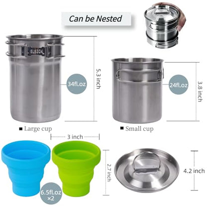 KOKKOYA Foldable Camping Cups Mugs Camping Pot Cookware 304-Food-Grade Outdoor Camp Cooking Set with Vented lid,Stainless Steel Backpacking Cookware for Hunting - color: silvery-blue-green