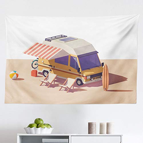 Ambesonne RV Tapestry, Classic Station RV Camper Van with 2 Chairs and Surfing Board Recreational Vehicle, Fabric Wall Hanging Decor for Bedroom Living Room Dorm, 45" X 30", Multicolor