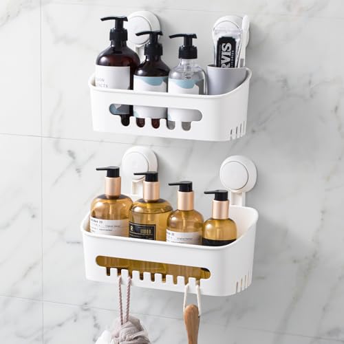 LEVERLOC Shower Caddy Suction Cup Shower Shelves Basket Pack of 2 One Second Installation Removable Powerful Suction Cup Bathroom Organizer Max Hold 22lbs Shower Storage Plastic - color: white, size: Medium+ Large