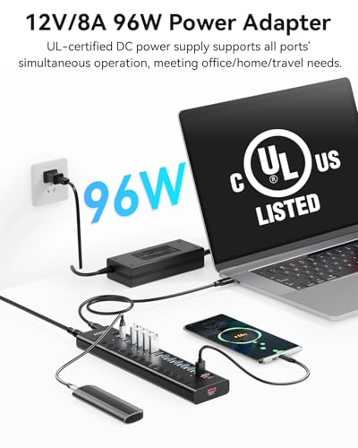AGEEN 16-Port Powered USB 3.2 Hub-10Gbps SuperSpeed Data Splitter with 2 USB-C & 11 USB-A Ports, 3 x 24W QC 3.0 Fast Charging Ports, Individual On/Off Switches, 96W Power Adapter for Laptop, PC - size: 16-Port (10Gbps)