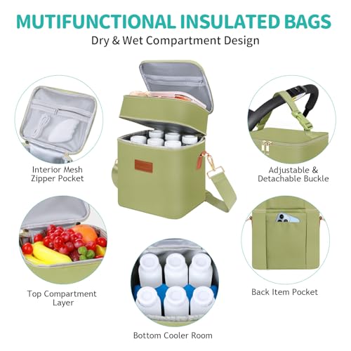 PIIOSER Breastmilk Cooler Bag with Ice Pack Fits 6 Baby Bottles Up to 9 Ounce, Insulated Baby Bottle Tote Bags, Double Layer Waterproof Leak-Proof with Shoulder Strap for Nursing & Working Mom (Green) - color: Green