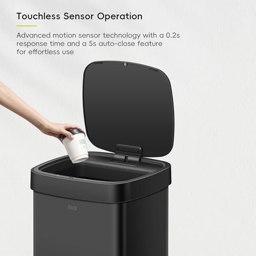 EKO EcoSmart 80L / 21.1 Gallon Motion Sensor Trash Can – Tall, Large Touchless Automatic Kitchen Garbage Bin with Soft-Close Lid for Home or Office, Brushed Stainless Steel, Matte Black - size: Ecosmart 80L - Matte Black