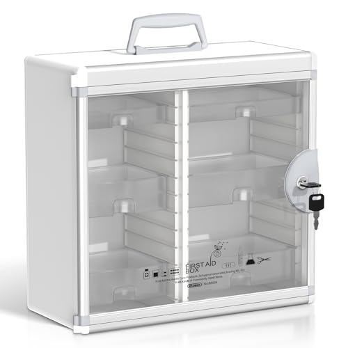Glosen Lockable Medicine Cabinet with 6 Removable Trays, Wall Mounted & Portable Locking Medicine Cabinet Organizer with Key Lock for Home, Bathroom, Office - Aluminum Frame(15.63 * 6.5 * 15.43Inch) - color: Silver, size: 15inch