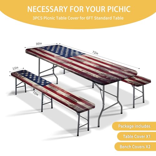 Picnic Table Cover with Bench Covers 6FT 3PCS, Camping Essentials, Fitted Camping Tablecloth Waterproof and oilproof with elastic Edge for Indoor Outdoor Patio, Retro American Flag (72inch) - color: Retro American Flag,Red