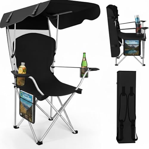 Portable Folding Camping Chairs with Canopy Shade, Beach Chair for Adults, Durable Weather Resistant 600D Oxford Cloth, Camping Chair with Canopy for Outdoors [Black] - color: Upgraded - Black