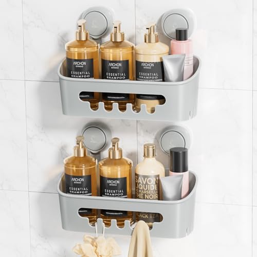 LEVERLOC Shower Caddy Suction Cup 2 Pack, Shower Organizer Removable Bathroom Shelf, Storage for Inside Shower Powerful Suction Max Hold 22lbs Waterproof Holder, Gray - color: grey, size: 2 x Medium