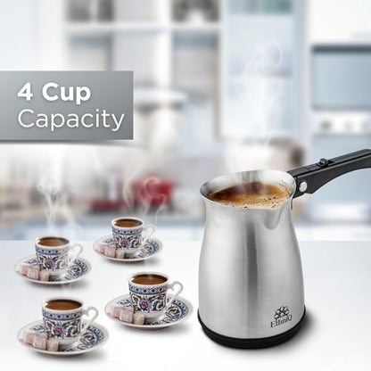 ETHNIQ Turkish Coffee Pot - Stainless Steel, 120V, 1 to 4 Cup Capacity, Coffee Maker with Foldable Handle for Home & Travel & on-off Button (Slow Brew) - color: Slow Brew