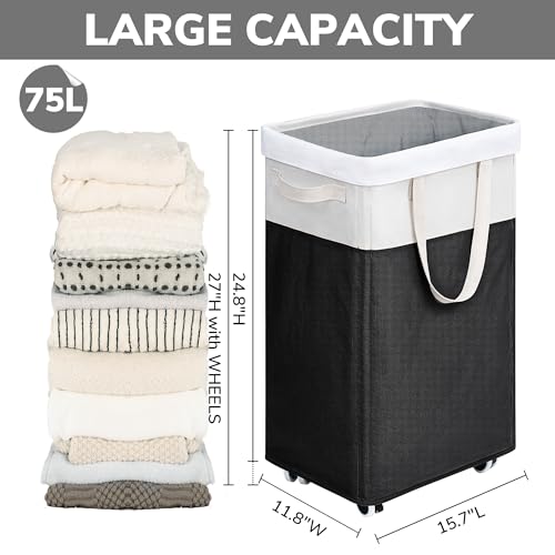 Goodpick Rolling Laundry Hamper with Wheels 75L, Black Laundry Hamper for Dirty Clothes, Collapsible Laundry Basket with Removable Wash, Black Laundry Basket with Wheels - color: Black & White