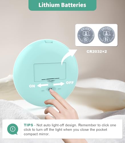 WOBSION LED Lighted Travel Makeup Mirror, 1x/10x Magnification, Compact, Portable for Handbag, Purse, Pocket, 3.5 inch Illuminated, Folding, Handheld, 2-Sided, Round, Cyan - color: 3.5inch Battery Cyan