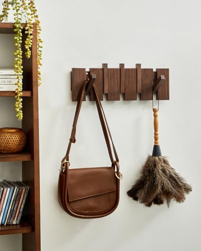Wood Coat Rack Wall Mount - Large Walnut Piano Coat Rack wtih 5 Hooks for Hanging Clothes,Keys,Robes,Purse,Towels,Modern Decorative Wall hooks Heavy Duty Hanger Organizer for Bathroom/Bedroom/Entryway - size: 5 Hooks