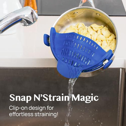 Kitchen Gizmo Snap N' Strain - Silicone Clip-On Strainer for Pots, Pans, and Bowls - Heat-Resistant Kitchen Gadgets, Essential Colander Drainer for Vegetables and Pasta - 7.87x2.76x4.53-Inch (Blue) - color: Blue
