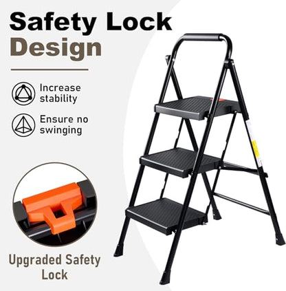 Valeo 3 Step Ladder, 3 Step Ladder for Adults with with Safe-Lock Design, Wide Anti-Slip Pedal, 500lbs Sturdy Steel Ladder, Step Stool Foldable with Cushioned Handle,Black - style: 3 Step Ladder