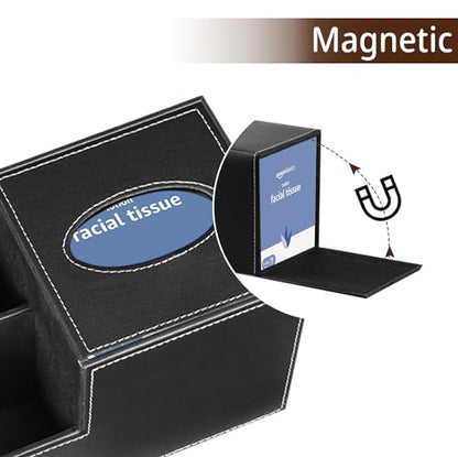 PU Leather Square Tissue Box Cover - Multi-Functional Tissue Box Holder, Tissue Box Cover with Storage,Tissue and Remote Control Holder, Cube Tissue Box Organizer Bedroom Nightstand End Table - color: Black