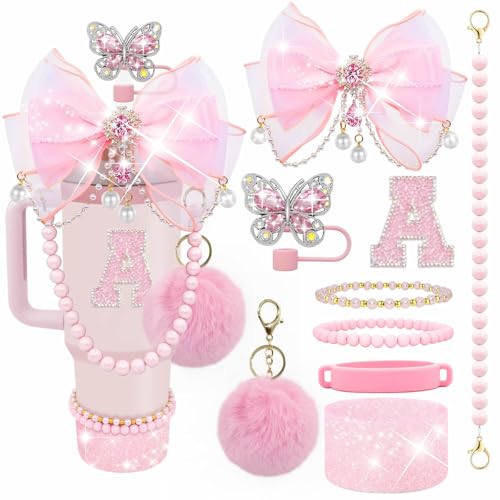 Letter Stickers Bling Accessories Set for Stanley 40/30/20 oz Tumbler: Bow Straw Topper, Charms, Butterfly Cap, Pearl Strap, Silicone Boot, Accessories for Stanley Quencher H2.0 - color: Pink Peony, style: A