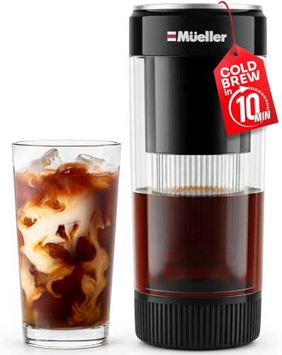 Mueller RapidBrew Cold Brew Iced Coffee Maker – 10 Min Fast Brew Portable Rechargeable Cold Brew Machine for Coffee & Tea – Adjustable Strength 10-99 Min – 20 Servings Per Charge, Black Coffee - color: Black