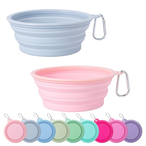 SLSON Collapsible Dog Bowl, 2Pack Macaron Color Pet Travel Bowls Silicone Foldable Water Feeder Dish for Small to Large Dogs Cat Walking Hiking Camping (Macaron Coral and Light Grey, Large) - color: Macaron Coral and Light Grey, size: Large