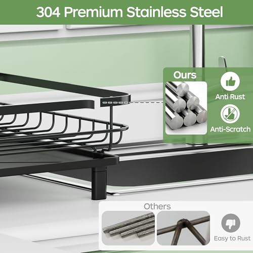 ROTTOGOON Dish Drying Rack, Stainless Steel Rustproof Dish Rack for Kitchen Counter, Sturdy Dish Drainer with Drainboard, Drainage, Utensil Holder for Various Kitchenware, 16.2"(L) x 12.6"(W), Black