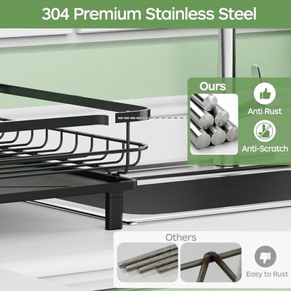 ROTTOGOON Dish Drying Rack, Stainless Steel Rustproof Dish Rack for Kitchen Counter, Sturdy Dish Drainer with Drainboard, Drainage, Utensil Holder for Various Kitchenware, 16.2"(L) x 12.6"(W), Black