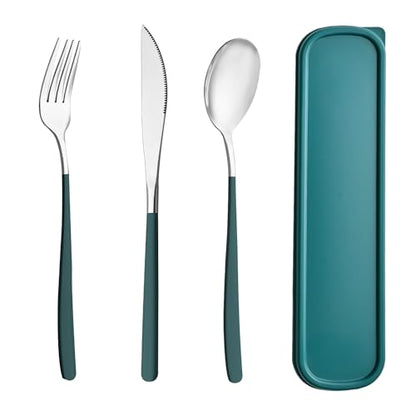 Travel Utensils with Case, 4pc Reusable Utensils Set with Case, Camping Utensil Set, Portable Silverware Lunch Utensils Set for Work Camping School (Green) - color: Green