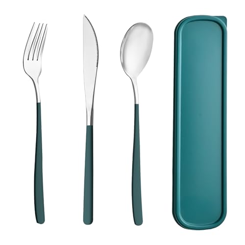 Travel Utensils with Case, 4pc Reusable Utensils Set with Case, Camping Utensil Set, Portable Silverware Lunch Utensils Set for Work Camping School (Green) - color: Green