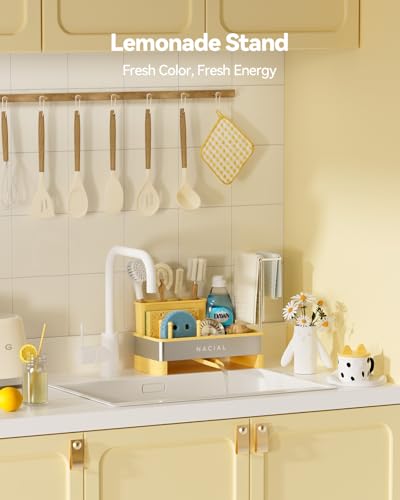 Nacial Sponge Holder for Kitchen Sink, Sink Caddy Organizer with High Brush Holder & Two Towel Racks - Rustproof 304 Stainless Steel Kitchen Countertop Storage Essentials - Yellow - color: Lemonade Stand