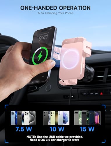 MOKPR Wireless Car Charger, 15W Auto Clamping Car Charger Dash Windshield Air Vent Phone Holder Compatible with iPhone 16 15 14/13/13 Pro/12 pro/12/11/X/8, Samsung S24/S23/S22, Pink - color: Pink
