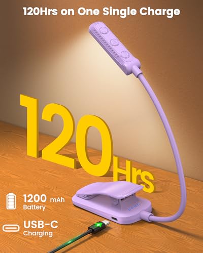 Glocusent 13 LED Rechargeable Book Light for Reading at Night, Eye-Caring 3 Amber Colors & Stepless Dimming, Lasts 1 Week to 2 Months, Travel Clip on Lamp, Gifts for Book Lovers, Men, Women & Kids - color: Purple