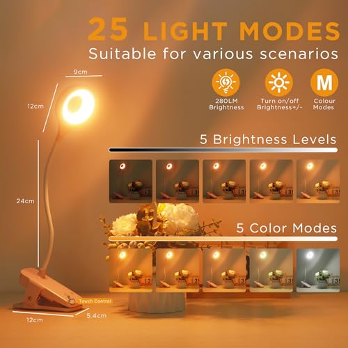 Akynite Desk Lamp LED Clip on Light, 5 Modes 5 Brightness Dimmable Clamp Light, Rechargeable Battery Flexible Clip on Reading Lamp for Bed Headboard Bunk Bed at Night for Kids (Pink) - color: Pink