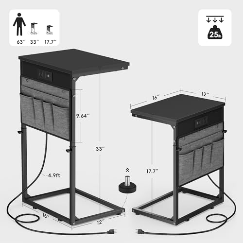 Vagusicc C Shaped End Table with Charging Station, Tall C Table End Table Adjustable Height Side Table for Couch, Small Couch Table Slide Under Sofa Table TV Tray Table for Living Room, Bedroom, Black - color: 1pc Black