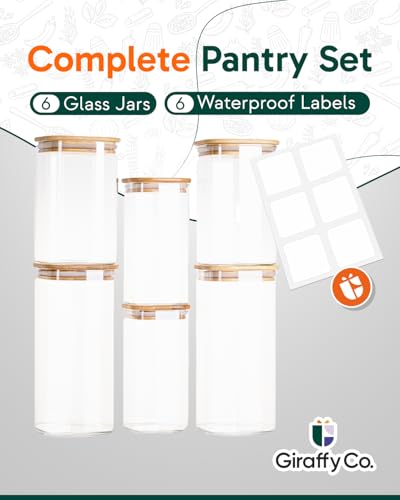 GIRAFFYCO Glass Food Storage Jars with Airtight Lids Wide Mouth Pantry Containers, Thick BPA-Free Glass, Moisture & Insect Resistant, Customizable Labels Included 25 oz x 2|38 oz x 2|50 oz x 2 - size: Set of 6 - Mixed Sizes (25/38/50 oz)