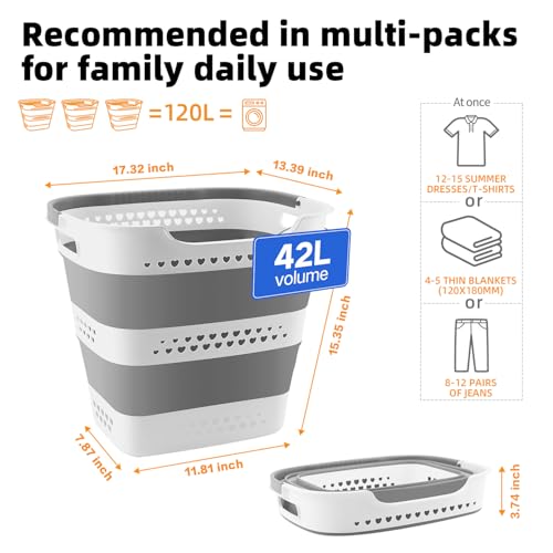 42L Medium Collapsible Plastic Laundry Basket with Handles, Foldable Laundry Basket Hamper, Pop Up Storage Container Organizer for Washing Storage (Gery, 17 Inch * 13 Inch * 15 Inch) - style: 42L