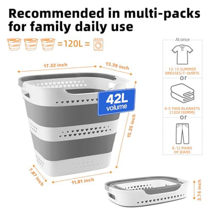 42L Medium Collapsible Plastic Laundry Basket with Handles, Foldable Laundry Basket Hamper, Pop Up Storage Container Organizer for Washing Storage (Gery, 17 Inch * 13 Inch * 15 Inch) - style: 42L