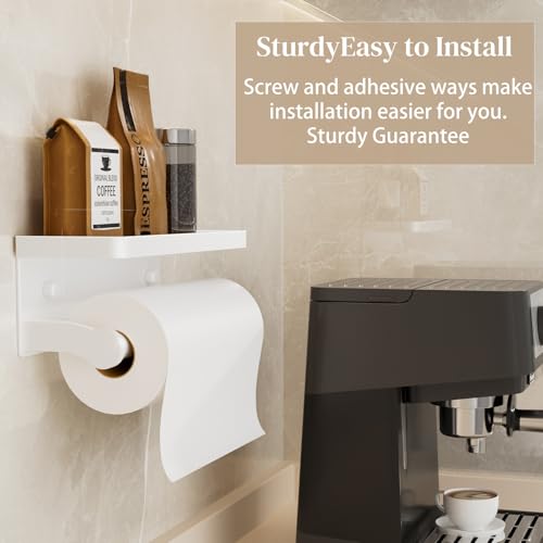 White Paper Towel Holder with Shelf, Wall Mount Paper Towel Holder for Bathroom Kitchen, Hand Towel Rack Holder,Paper Roll Holder with Self Adhesive & Screw,RV - color: White Pro