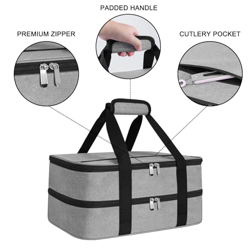 esouler Double Insulated Casserole Carrier Bag Hot & Cold Food Carrier Bag Lasagna Holder Lunch Bag for Picnics, Parties, Travel, Fits 9 x 13 Inches Casserole Dish-Grey - color: Grey, size: 16x10x7.2 in
