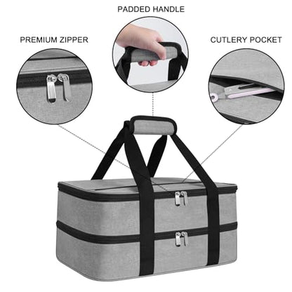 esouler Double Insulated Casserole Carrier Bag Hot & Cold Food Carrier Bag Lasagna Holder Lunch Bag for Picnics, Parties, Travel, Fits 9 x 13 Inches Casserole Dish-Grey - color: Grey, size: 16x10x7.2 in