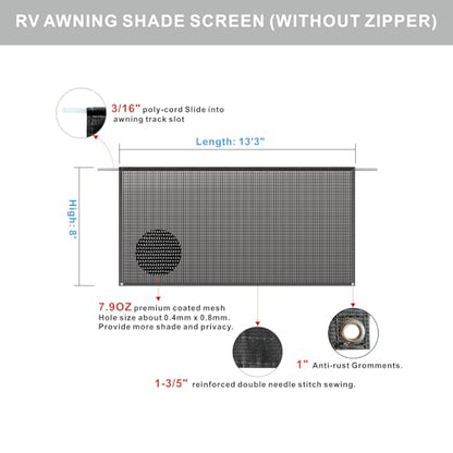 RV Awning Shade Screen Without Zipper 8'x13'3'',Black Mesh RV Awning Sun Shade Screen,Universal Trailer Camper RV Awning Screen with Complete Kit,Significantly Improves Shadow and Privacy - color: Black Without Zipper, size: 8'X13'3''for 14' RV Awning