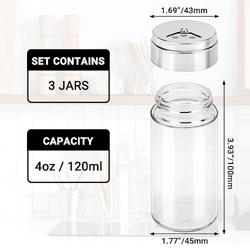 Segarty Spice Jar with Shaker Lids, 3 Pack 4 oz Glass Spice Jars with Adjustable Pour Large Holes, Empty Storage Seasoning Containers Spices Bottles Stainless Lid Salt Shakers for Kitchen Drawer - size: 4oz / 120ml_Big Hole