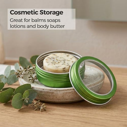 2 oz (60ml) Green Aluminum Tins with Clear Lids and Labels, 24 Pack | Clear View Lid, Secure Packaging, Tight Screw Lids, Includes Blank Labels, 11 Color Options - color: Green