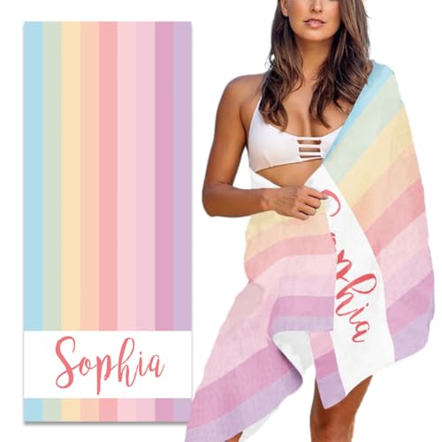 MeMoShe Personalized Beach Towel with Name Custom Microfiber Kids Beach Towels Sand Free Quick Dry Pool Towel Blanket Stripes Print Beach Towels for Adults 30x60 Inch - color: Multi-color 7