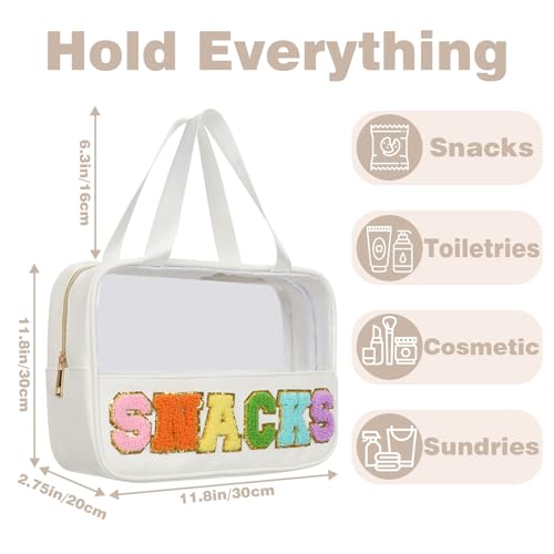Snacks Bag Clear Chenille Varsity Letter Zipper Pouch Travel Makeup Bag Aesthetic Storage Organizer Pouches for Women with Glitter Patch Letters - color: White