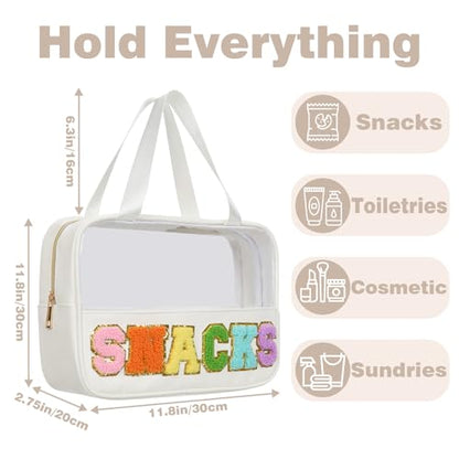 Snacks Bag Clear Chenille Varsity Letter Zipper Pouch Travel Makeup Bag Aesthetic Storage Organizer Pouches for Women with Glitter Patch Letters - color: White