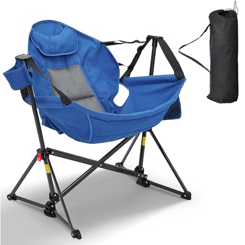 Ainfox Hammock Camping Chair, Foldable Portable Rocking Chairs for Adults Outside Swinging Camp with Cup Holder Pillow for Outdoor Patio Poolside (Blue) - color: Blue, size: Without Footrest