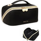 Prite Makeup Bag for Women Travel Waterproof Vegan Leather Cosmetic Bag Open Flat Toiletry Bag With Clear Divider and Handle (Black, Medium) - color: Black, size: Medium