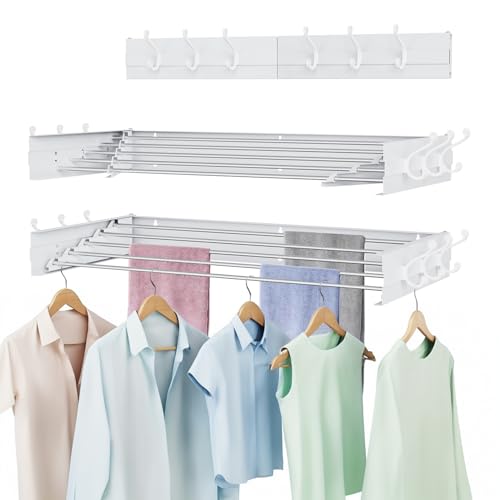 Laundry Drying Rack, Collapsible Wall Mounted Clothes Drying Rack - Foldable,Space Saving, 13.2 Linear Ft, 5 Aluminum Rods, 60 lb Capacity (White, 31.5" Wide) - size: 31.5"