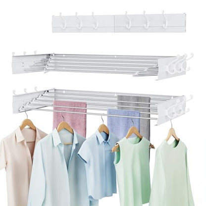 Laundry Drying Rack, Collapsible Wall Mounted Clothes Drying Rack - Foldable,Space Saving, 13.2 Linear Ft, 5 Aluminum Rods, 60 lb Capacity (White, 31.5" Wide) - size: 31.5"